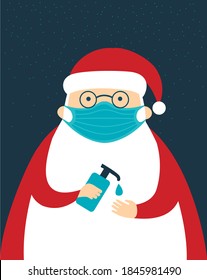 Personaje de Santa Claus con máscara protectora de cara usando sanitizer de manos Consejos de seguridad para la pandemia de coronavirus covid-19 en vacaciones navideñas Ilustración vectorial plana