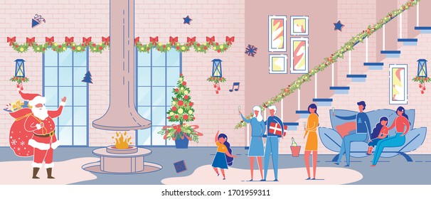 Santa Claus Character Wearing Red Festive Costume Visiting Big Happy Family During Xmas Party Celebration. Parents And Children Meet Father Noel At Decorated Home Loft Cartoon Flat Vector Illustration