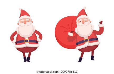 Santa Claus Character with White Beard and Red Hat Carrying Sack with Christmas Presents and Standing Vector Set