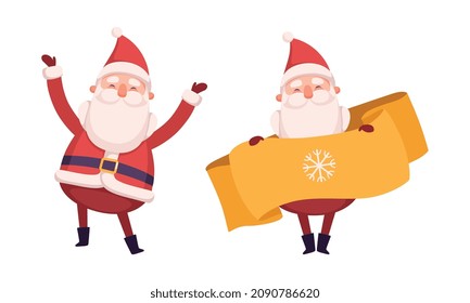 Santa Claus Character with White Beard and Red Hat Holding Ribbon and Raising Hands Up Vector Set