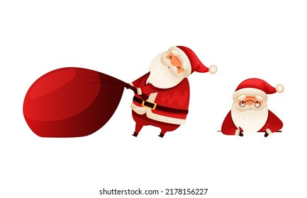 Weihnachtsmann mit weißem Bart in rotem Hut, riesiger Sack mit Vorführungen und Peeking-Vektorset zieht