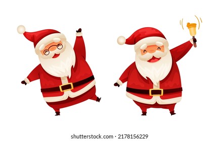 Personaje de Santa Claus con barba blanca en Red Hat Dancing y Ringing Bell Vector Set