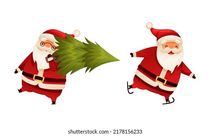Personaje de Santa Claus con barba blanca en sombrero rojo con árbol verde de la fibra y conjunto de vectores de patinaje sobre hielo