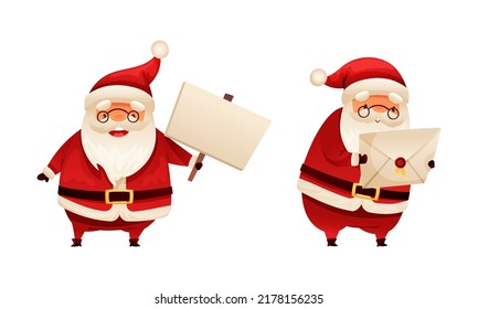 Personaje de Santa Claus con barba blanca en sombrero rojo que contiene carteles y letras vacías en un conjunto de vectores de sobres