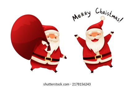 Personaje de Santa Claus con barba blanca en sombrero rojo que lleva un gran saco con regalos y un conjunto de vectores felicitativos
