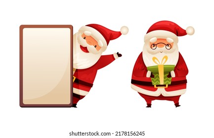 Personaje de Santa Claus con barba blanca en la caja de regalo de Sombrero Rojo y búsqueda del conjunto de vectores de carteles vacíos