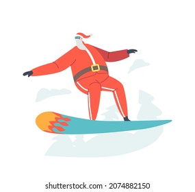 Santa Claus Character Winter Extreme Sports Activity and Fun. Sportsman Dressed in Winter Clothes and Goggles Snowboarding and Making Stunts on Mountain Ski Resort. Cartoon People Vector Illustration
