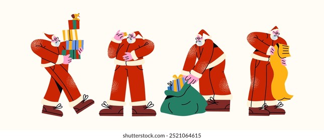 Santa Claus characters. Cartoon mascots with beards of winter fairy tale heroes, with gifts, New Year tree and New Year holiday atmosphere. Santa Claus Christmas costume