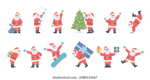 Santa claus characters. Christmas and new year, winter holidays symbols. Man with xmas tree, gifts and snowflakes. Festive recent vector set