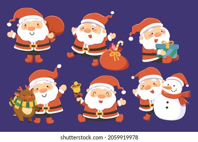 Santa Claus characters design set. Flat illustration of happy Santa Claus with different postures and Xmas objects isolated on dark blue background