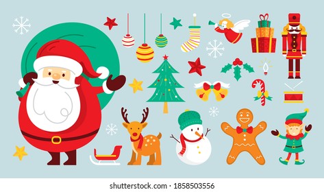 Santa Claus Characters and Friends with Christmas Ornaments. Merry Christmas and Happy New Year Design.