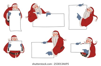 Santa Claus characters holds in hands white sheet. Vector stickers or clip arts set. Cartoon personage of Santa is hiding behind the empty letter or points finger at blank banner. Happy Santa Clause.