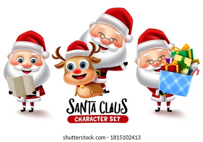 Caracteres de Santa claus. Carácter Santa 3d en la lista de deseos de lectura, cabalgando en renos y regalando pose y gestos aislados para el diseño navideño navideño navideño de navidad navideña. Ilustración del vector 
