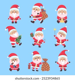 Conjunto de personajes de Santa Claus. Linda historieta de Santa claus con barba en traje de Navidad con diferentes poses. Navidades y concepto de año nuevo.