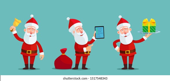 Santa Claus characters set. Santa with golden bell, bag of christmas gifts, silver tray. Santa holding tablet computer with list on screen. Vector illustration flat cartoon style. Isolated background.