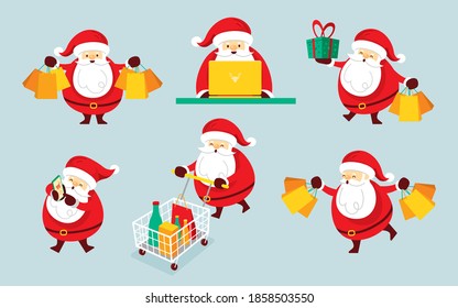 Santa Claus Characters Set. Shopping Concept, Merry Christmas and Happy New Year Design.