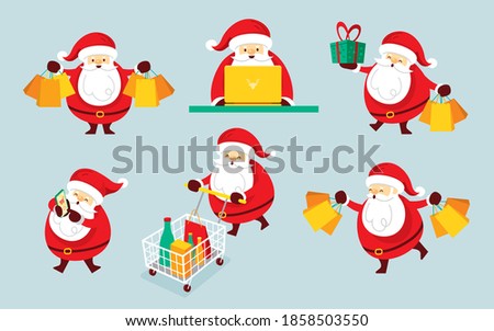 Santa Claus Characters Set. Shopping Concept, Merry Christmas and Happy New Year Design.