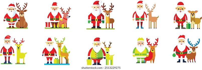 Los personajes de Santa Claus establecen la Ilustración vectorial. Dibujos animados aislados abuelo divertido con barba, sombrero rojo que sostiene el regalo de Navidad, esquí y patinaje, montando en trineo con