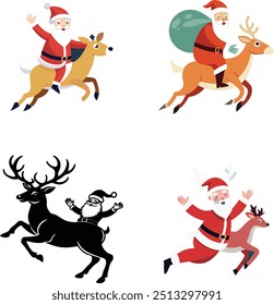 Los personajes de Santa Claus establecen la Ilustración vectorial. Dibujos animados aislados abuelo divertido con barba, sombrero rojo que sostiene el regalo de Navidad, esquí y patinaje, montando trineo con renos en la víspera de las vacaciones de invierno