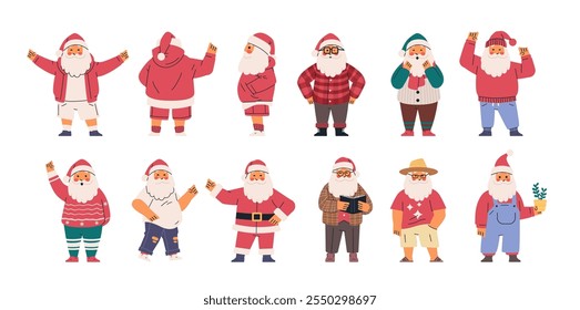 Santa Claus characters in various outfits and poses colorful attire diverse styles holiday theme playful design flat style