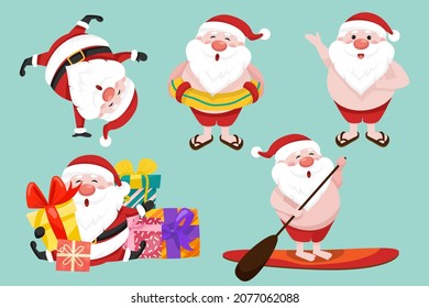 Santa Claus characters in various poses and scenes. Merry Christmas cutout element Holiday cards, invitations and website  celebration decoration. Vector illustration