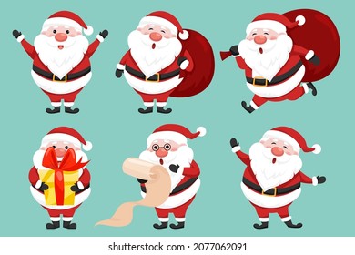 Santa Claus characters in various poses and scenes. Merry Christmas cutout element Holiday cards, invitations and website  celebration decoration. Vector illustration