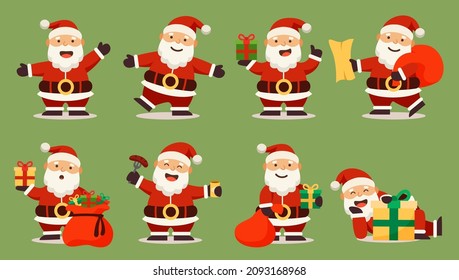 Santa Claus characters in various poses and scenes. Merry Christmas cutout element Holiday cards, invitations and website  celebration decoration. Vector illustration