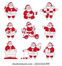 Conjunto de dibujos animados de iconos rojos de Vector de personajes de Santa Claus aislados sobre un fondo blanco.