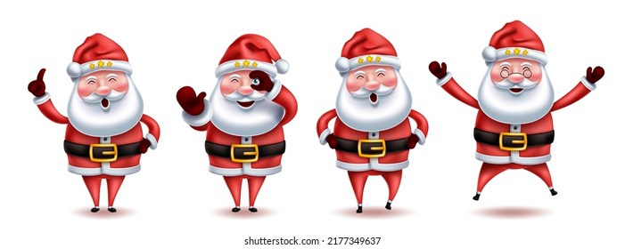 Santa claus characters vector set design. Santa claus christmas character collection in standing, jumping and laughing pose and expression for xmas holiday season. Vector illustration.

