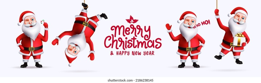 Santa claus characters vector set. Santa claus in 3d realistic character in funny, happy and jolly pose and gestures for xmas friendly collection design. Vector illustration. 
