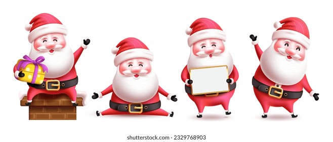 Santa claus characters vector set design. Christmas santa claus in cute smiling and holding white board and gift elements. Vector illustration xmas character collection.