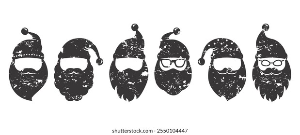 Santa Claus rosto de carvão, desenho animado ícone grunge de Natal, bonitinho cabeça noel de inverno, chapéu de Papai Noel, conjunto de lápis de cera snowman. Pai de férias preto dor design isolado no fundo branco. Ilustração do vetor Xmas