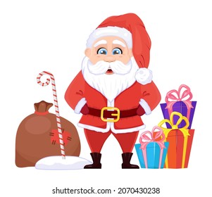 Santa Claus charcter vector. Christmas and New Year illustration. Funny cartoon Santa is taking magic xmas stick
