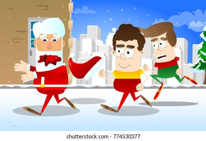 Santa Claus chased by kids. Vector cartoon character illustration.