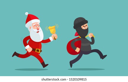 Santa Claus chases a thief with a bag of christmas gifts. Thief stole new years presents. Holiday crime scene. Vector illustration, flat design, cartoon style. Isolated background.