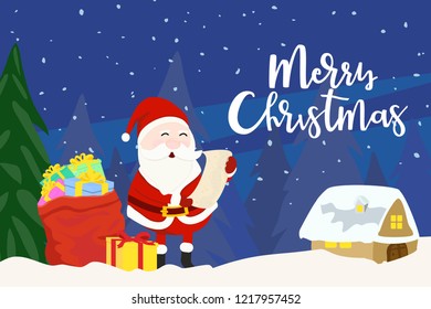 Santa Claus check name list with sack of gift boxes in the christmas eve night in snowy village background. Concept of greeting card christmas and new year season in vector illustration