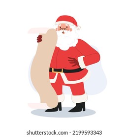 Santa claus is checking in check list paper. Vector illustration.