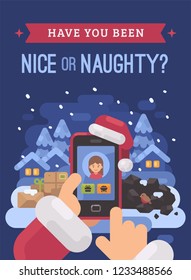 Santa Claus checking children profiles online deciding who is naughty and nice. Christmas flat illustration card