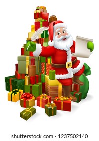 Santa Claus checking Christmas naughty or nice gift list or writing letter to child cartoon scene