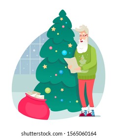 Santa Claus checking gift list flat illustration. Christmas, New Year holiday design element. Santa cartoon character in decorated room interior. Home coziness, feast atmosphere, good mood