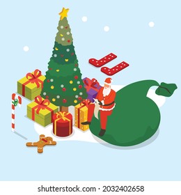 Santa Claus checking his list while sitting on a huge gift bag 3d isometric vector illustration concept for banner, website, landing page, ads, flyer