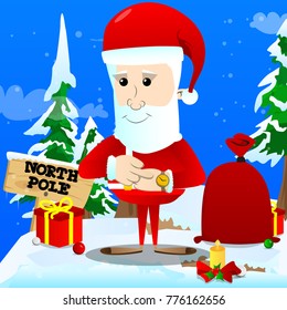 Santa Claus checking his watch. Vector cartoon character illustration.