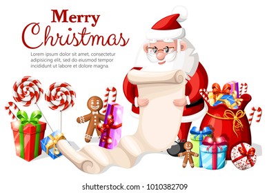 Santa Claus checking list with different gift box a bag with presents lollipops and gingerbread vector illustration with place for your text isolated on white background
