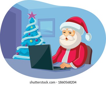 Santa Claus Checking Messages on Laptop Vector Cartoon. Senior professor explaining protective measures for school reopening
