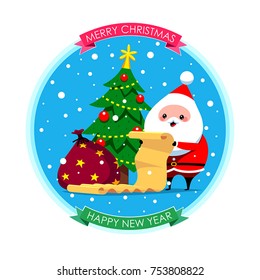 Santa Claus checks his list to see who has been naughty or nice. Greeting card design. Vector illustration.