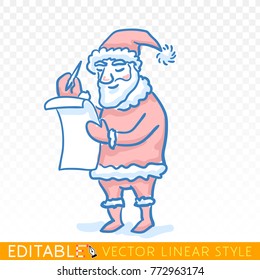 Santa Claus checks wishlist. Editable stroke. Sketch drawing on transparent background. Merry Christmas and New year card.