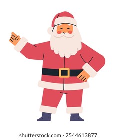 Santa Claus cheerful gesture festive character red suit white beard black belt minimalist design on white background