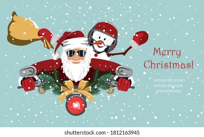 Santa Claus y un animado muñeco de nieve van en motocicleta. Antecedentes para cubiertas, carteles, volantes, pantallas de bienvenida. Feliz Navidad.