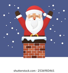Santa Claus Chibi cute character vector art flat design in cartoon style with smiling face trying to come inside the chimney but stuck perfect for merry Christmas and kids book asset design isolated 