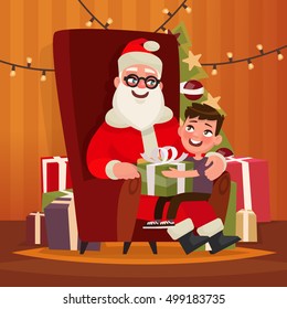 Santa Claus with a child sitting in a chair. Vector illustration